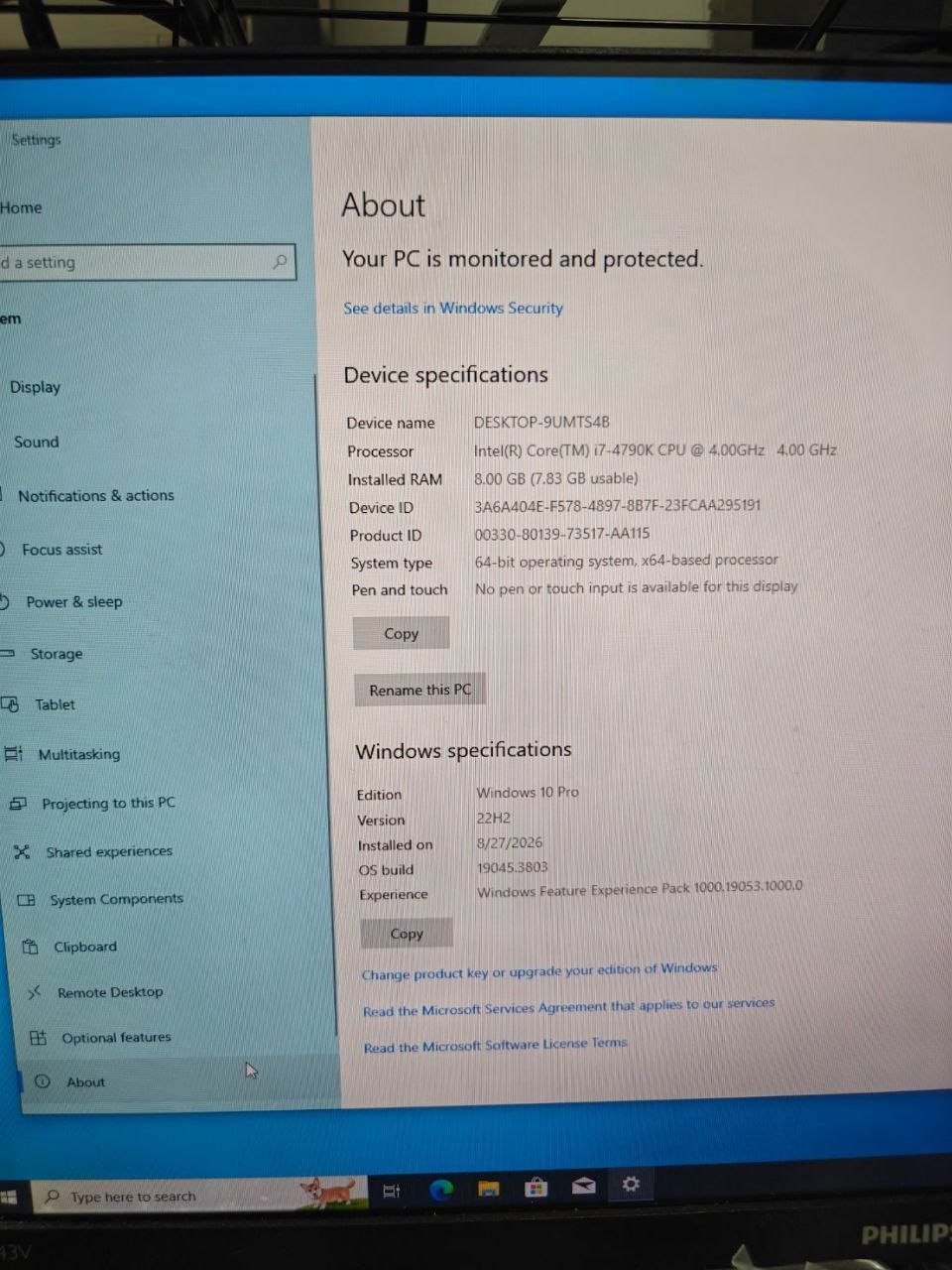 Windows 10 Pro 64 位元英文版主機顯示 8GB 記憶體驗收畫面