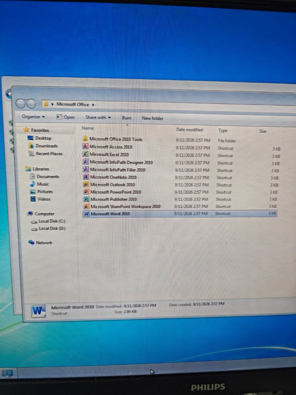 Windows 7 英文版主機安裝 Microsoft Office 2010 英文版的交機前測試畫面