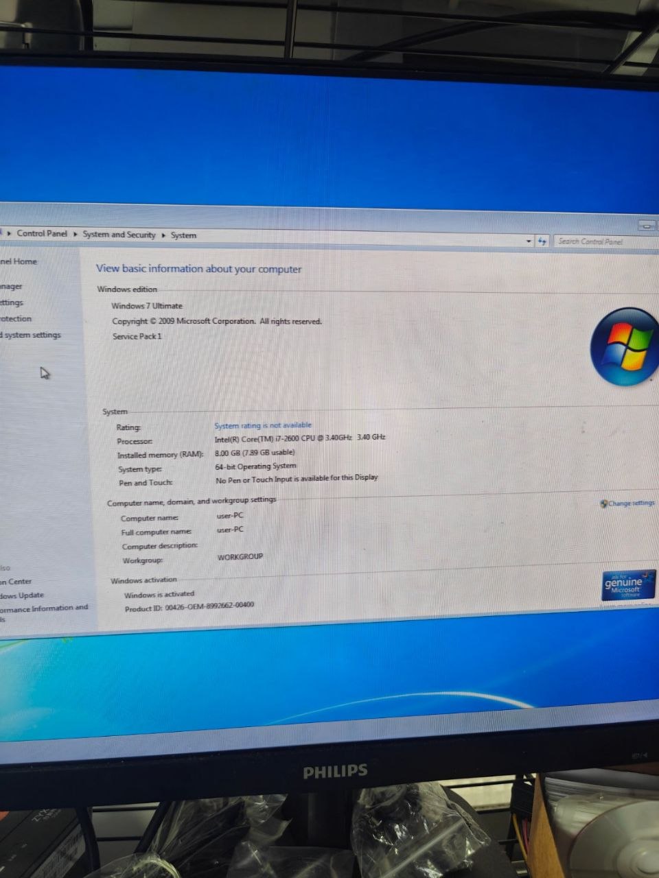桃園楊梅長期合作客戶回購的 Windows 7 64 位元英文版 i7-2600 8GB 主機驗收畫面
